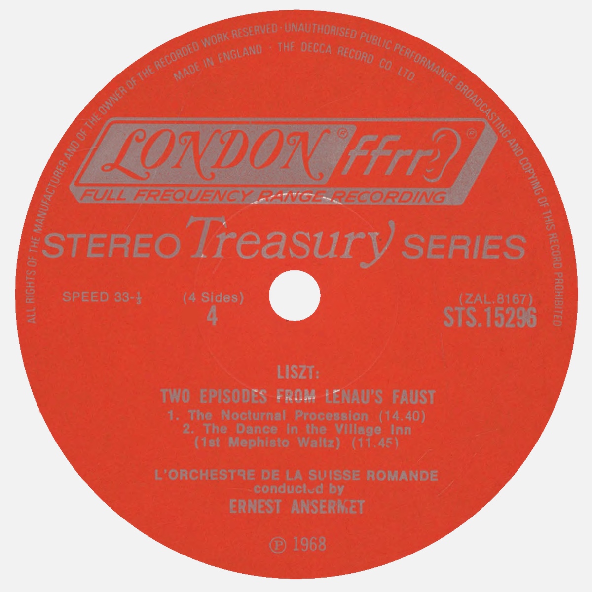 Étiquette verso du disque Decca STS 15297