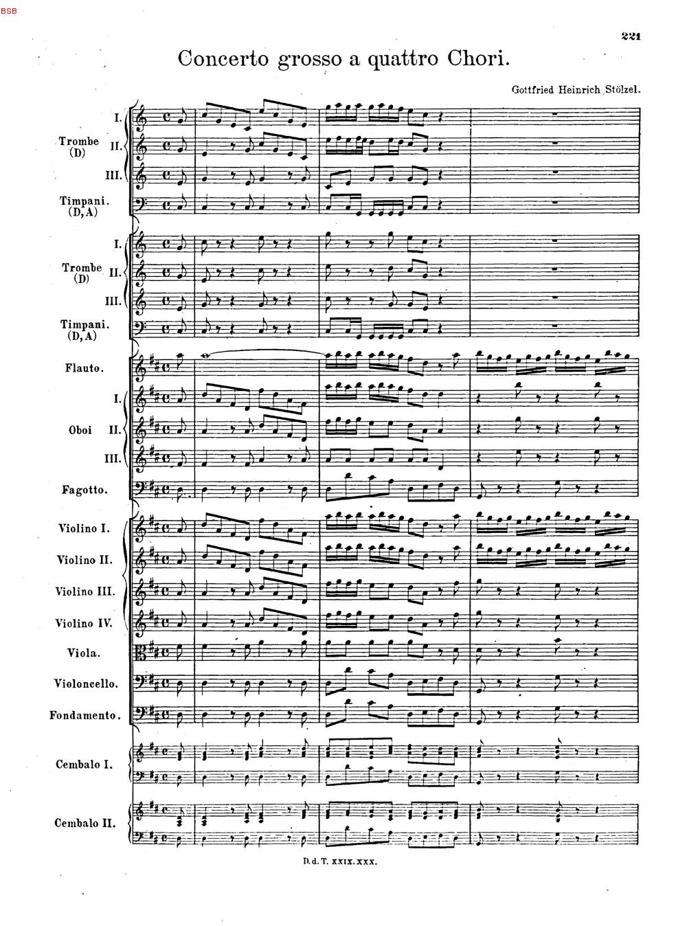 Gottfried Heinrich Stoelzel, Concerto grosso a quattro chori en ré majeur, page 1 de la partition, site https://daten.digitale-sammlungen.de/