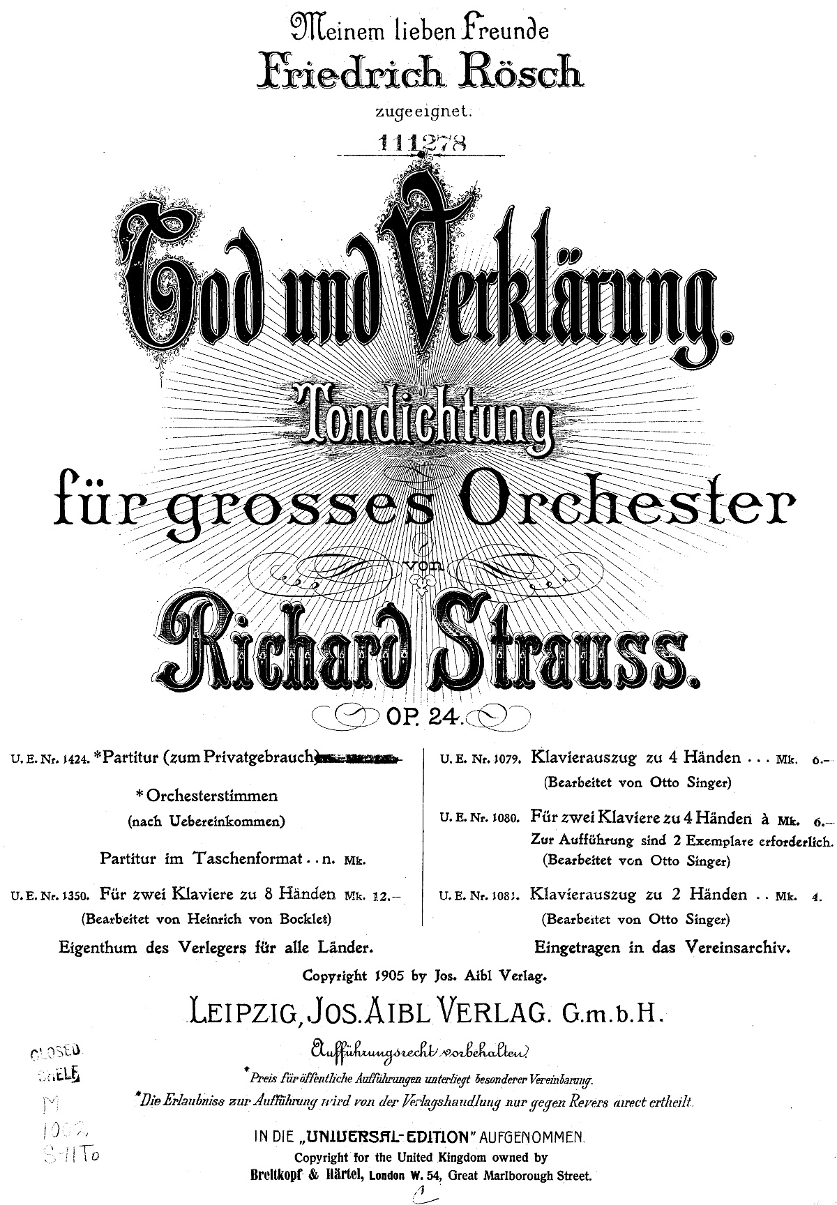 Richard Strauss, Mort et Transfiguration, page de couverture de la partition, édition «Joseph Aibl, n.d.[1891]. Plate 2676, München», source: IMSLP, Cliquer sur la photo pour une vue agrandie