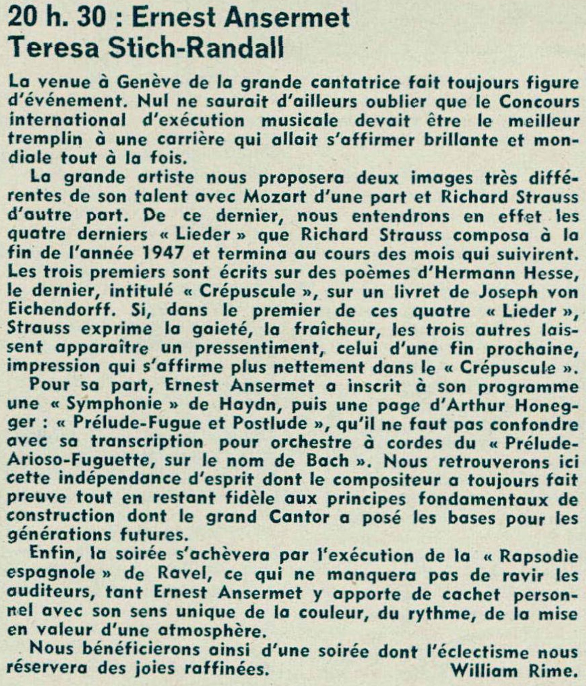 courte présentation de ce concert rédigée par William Rime et publiée dans la revue Radio TV Je vois tout du 11 mai 1961, No 19, en page 45