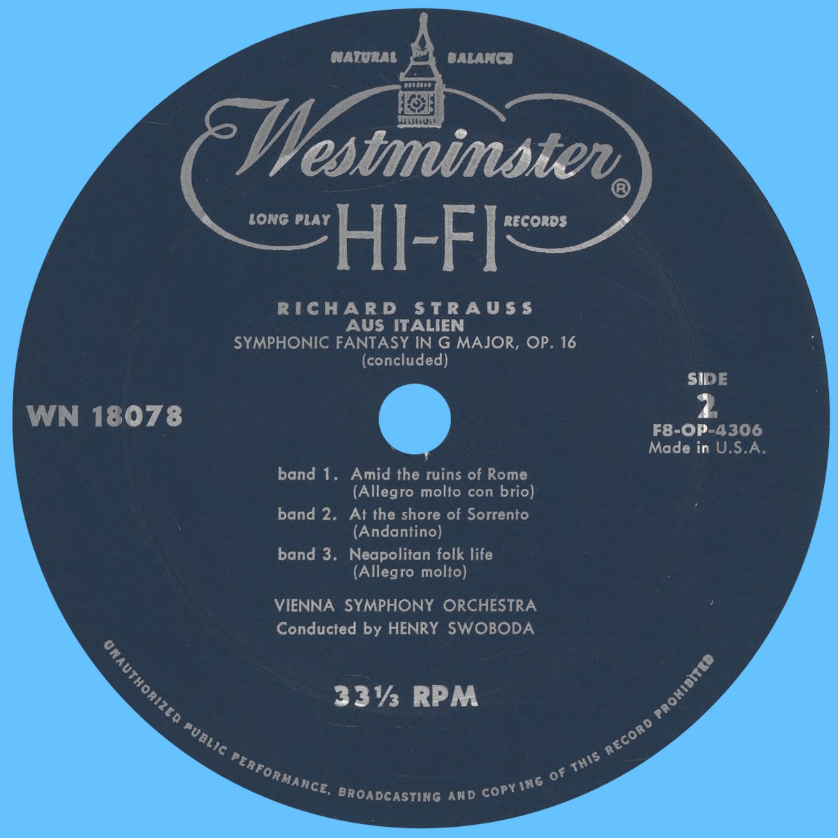 Étiquette verso du disque Westminster XWN 18078